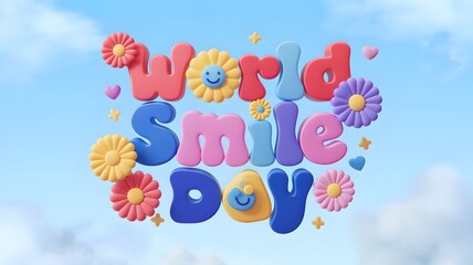 Colorful flower-themed World Smile Day typography in a playful sky scene