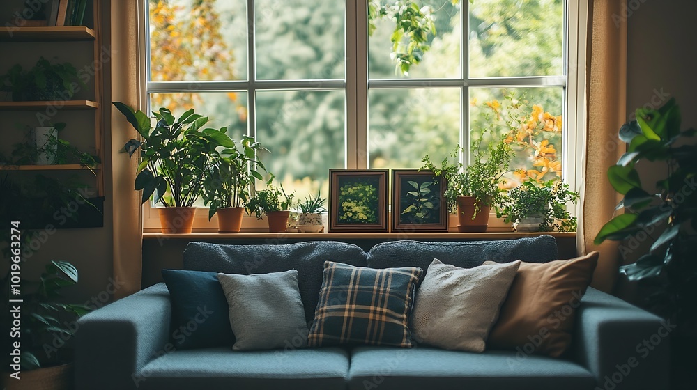 Aufkleber living room with scandinavian interior comfortable couch with pillows and soft plaid near window gre