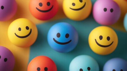 A Delightful Collection of Colorful Smiley Balls Showcases Varying Hues, Each Adorned With a Cheerful Grin