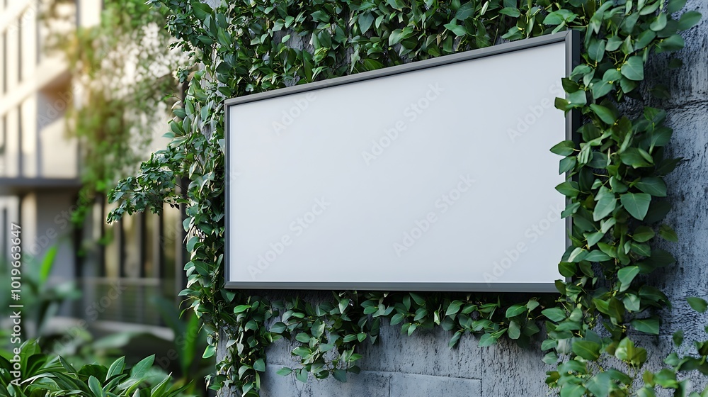Poster mockup large blank horizontal billboard on the wall with green leaves empty space for advertising pr