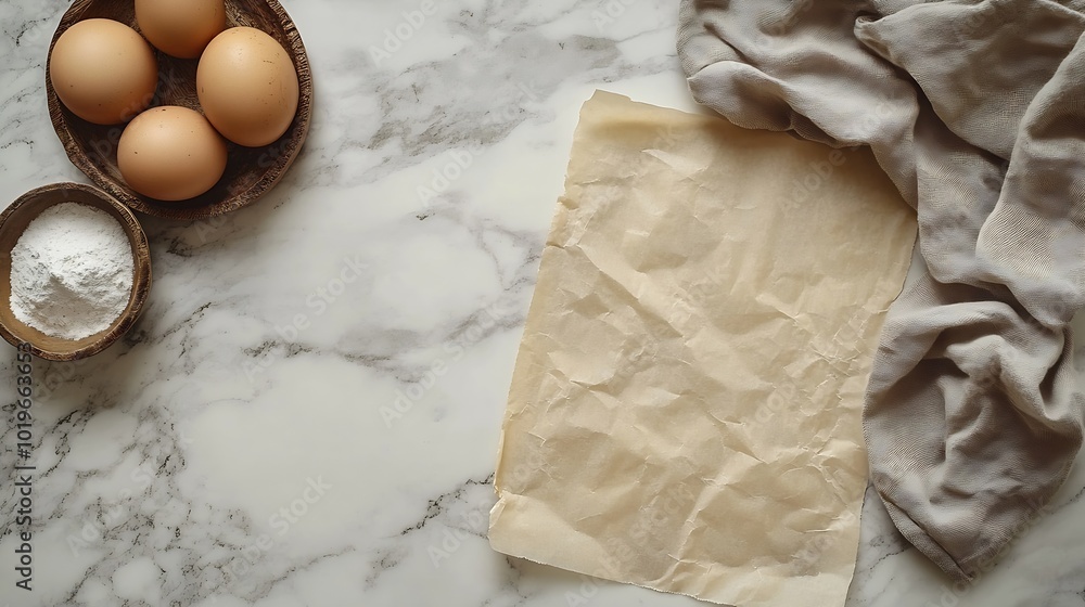 Poster top view with baking parchment empty on table background folded cloth for mockup with copy space fla