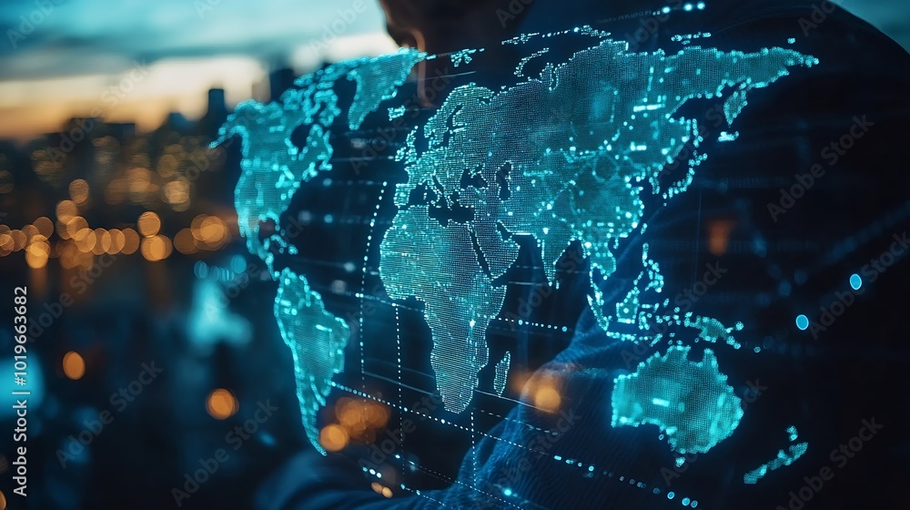 Poster Tech driven Global Business Businessman embraces technology as he analyzes big data for business intelligence composition of world map digital links emphasizes interconnectedness of gl : Generative AI