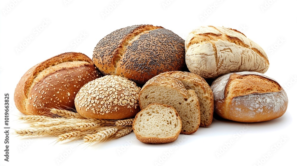 Poster loaves of different bread and wheat ears isolated on white background : generative ai