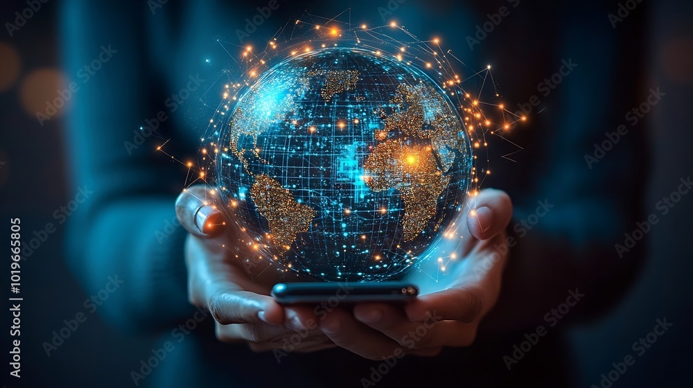 Poster Businessman holding smartphone with virtual Global Internet connection Global internet connection application technology and digital marketing Financial and banking Digital link tech b : Generative AI