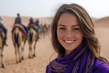 Canadian woman wearing traditional cloth moroccan Djellaba at the desert