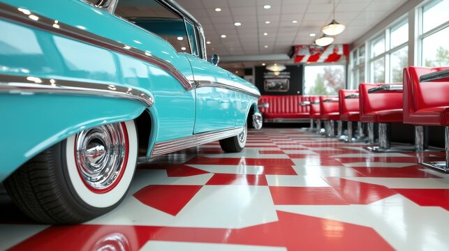 Classic Retro Diner with Vintage Car Interior View