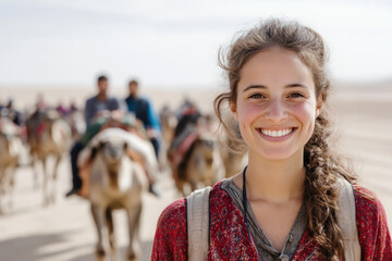 French woman wearing traditional cloth moroccan Djellaba at the desert