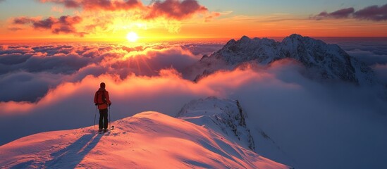 Fototapeta premium A lone hiker stands on a snowy mountain peak, silhouetted against a breathtaking sunset over a sea of clouds.