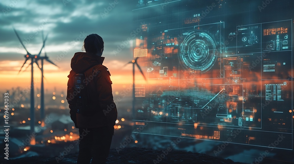 Leinwandbilder Engineers use AI artificial intelligence to inspect wind turbines and analyze the data of the electricity generated using hologram HUD Clean energy technology and renewable energy : Generative AI