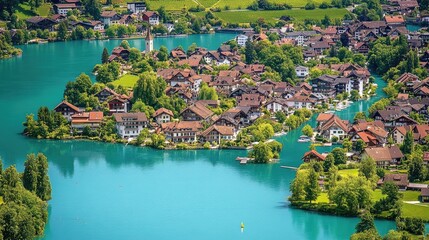 Charming Village by Turquoise Lake Surrounded by Nature