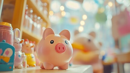 Obraz premium Charming Piggy Bank and Whimsical Characters in a Brightly Lit Shop Filled With Treasures