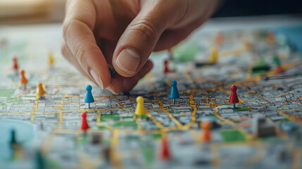 Obraz premium Hand Placing Pin on City Map with Markers 