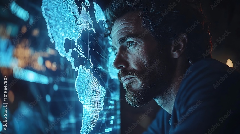 Poster Tech driven Global Business Businessman embraces technology as he analyzes big data for business intelligence composition of world map digital links emphasizes interconnectedness of gl : Generative AI
