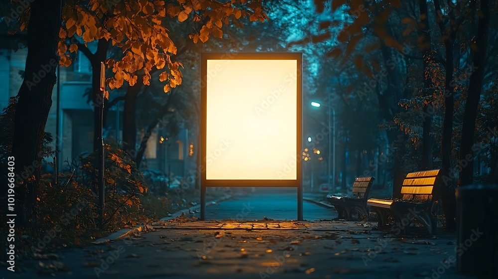 Poster mockup of bus stop vertical billboard in front of empty street background at night blank advertising
