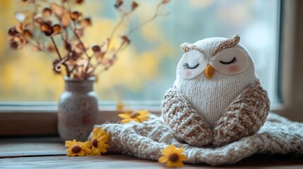 Obraz premium Cozy Knitted Owl Figurine Surrounded by Autumn Flowers on a Wooden Windowsill During a Serene Afternoon