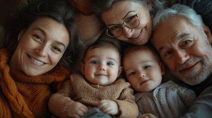 Family of 5 people including parents including 0 year old babies and senior grandparents who lie on the flooring : Generative AI