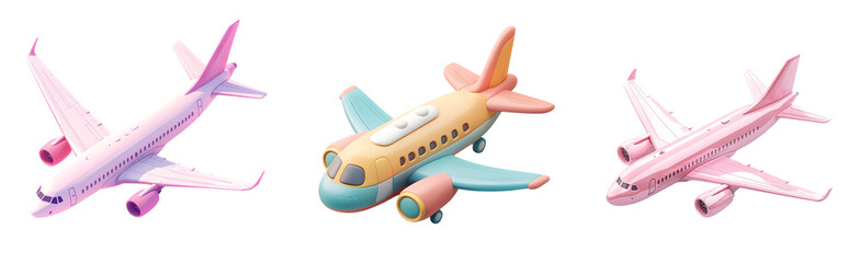 Three colorful cartoon airplanes in vibrant shades of pink and pastel colors.