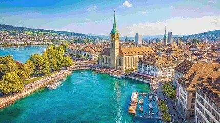 Naklejka premium Scenic View of Zurich with River and Historic Architecture