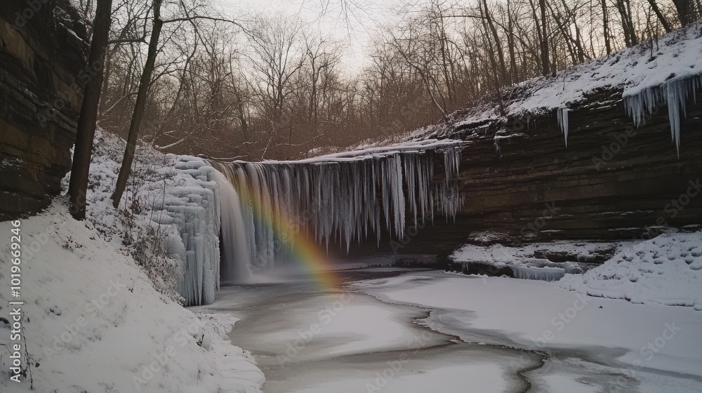 Sticker A winter scene featuring a frozen waterfall with icicles and a rainbow over a snowy landscape.