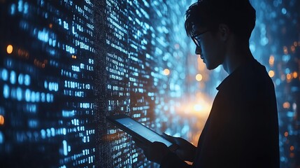 Software engineer using digital tablet with cyber security network computer code on virtual screen interface Data science machine learning of artificial intelligence digital software d : Generative AI