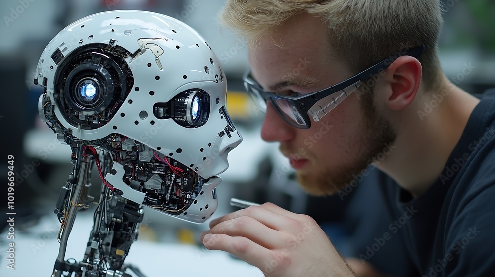 Fototapete Man using tools AI technology smart robot science and artificial intelligence technology and innovation futuristic and global connection for providing access to information and data on : Generative AI