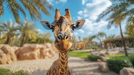 Naklejka premium Giraffe Al Ain Zoo natural beauty animals scenery Great Views blue sky and clouds trees and plant flowers Green background wallpaper HD natural environment earth winning New picture tr : Generative AI