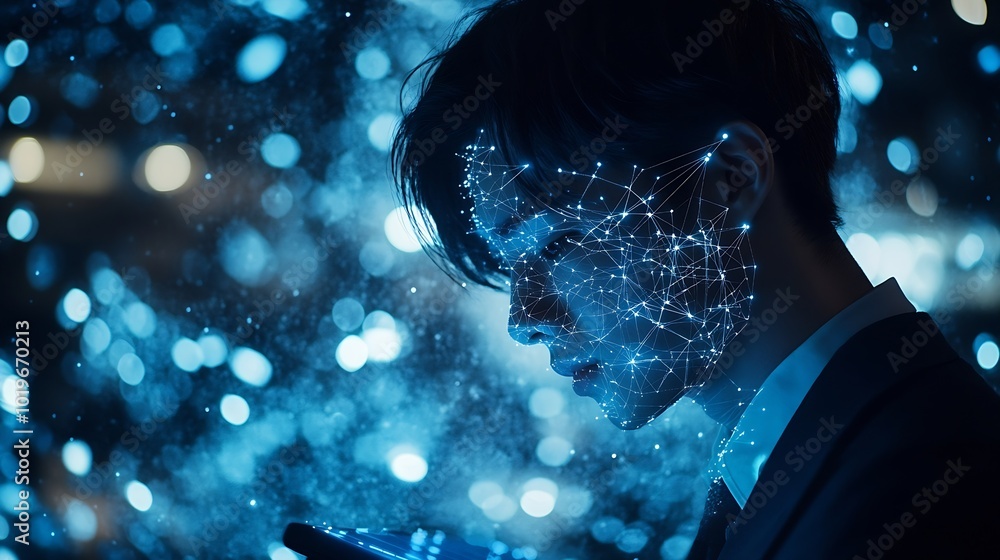 Poster Global internet network connection global business internet of thing concept Business man using digital tablet social networking digital marketing internet technology futuristic tech b : Generative AI