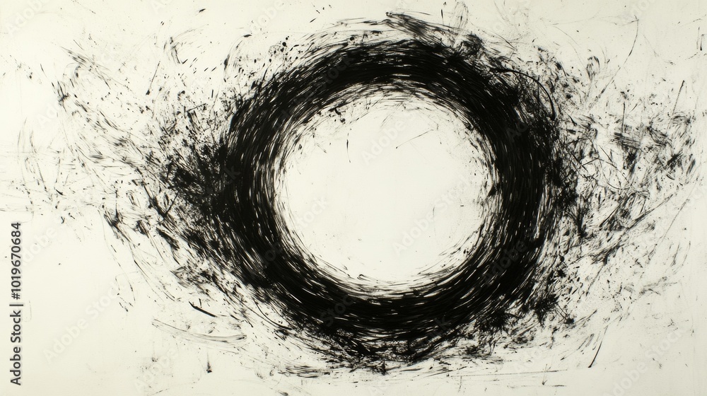 Poster artistic chaos in black ink - controlled scribble on textured paper