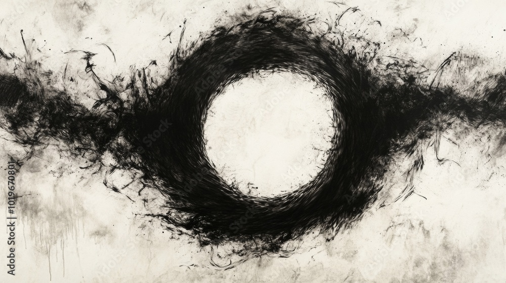 Poster artistic chaos in black ink - controlled scribble on textured paper