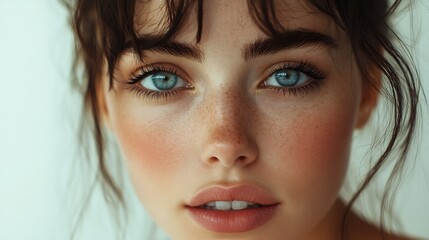 Fototapeta premium Beauty Beautiful Woman Close Up Portrait Young BlueEyed Model With Perfect Skin And Natural Daily Makeup Looking At Camera : Generative AI