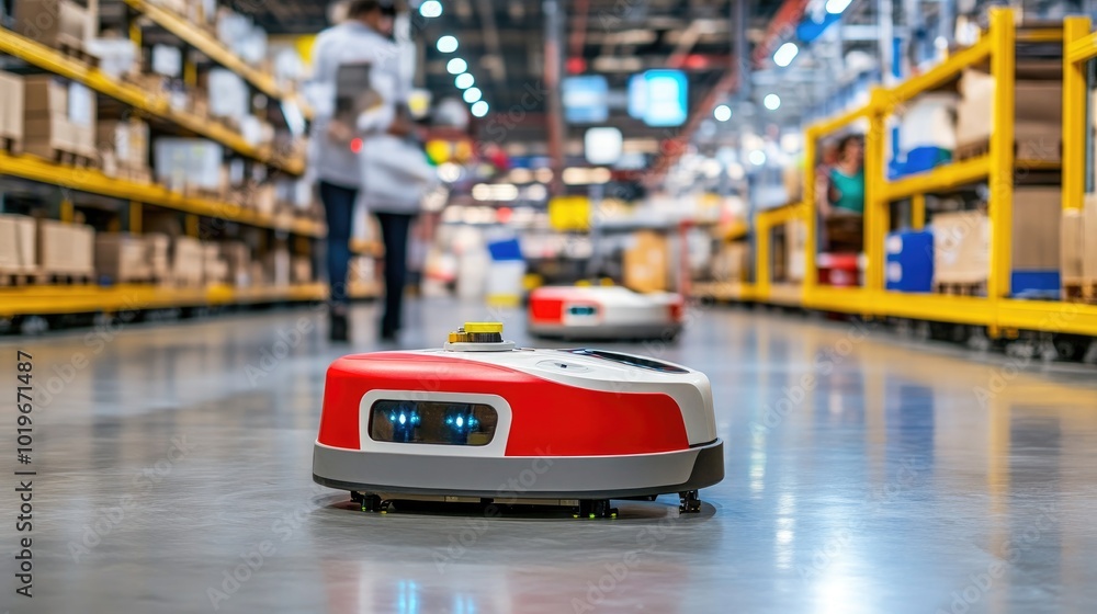 Poster a robotic transport system in a smart factory, emphasizing the seamless communication and coordinati