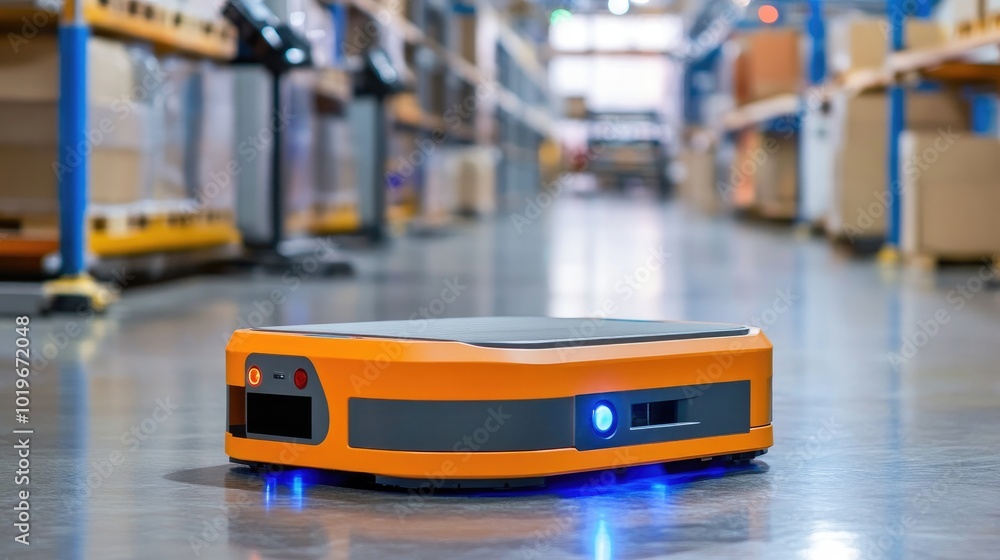 Poster a robotic transport system in action within a smart factory, highlighting the speed and precision en