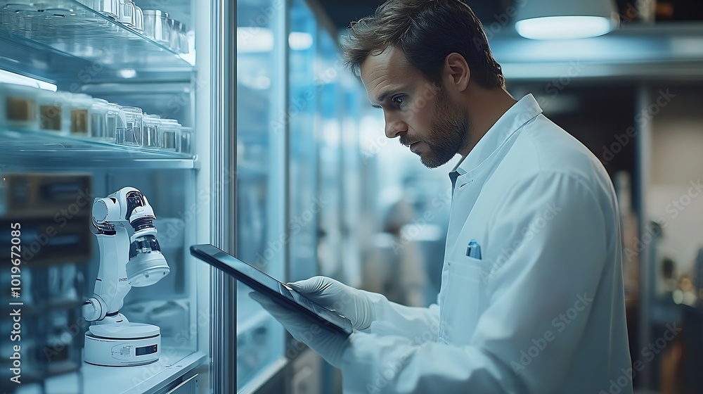 Poster scientist with tablet pc examining robotic arm in glass cabinet : generative ai