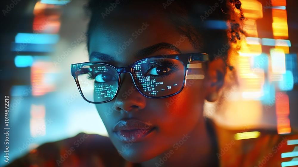 Fototapete Black woman with tablet erp data hologram and innovation research and programming in future information technology Futuristic network analytics and developer for startup business websi : Generative AI