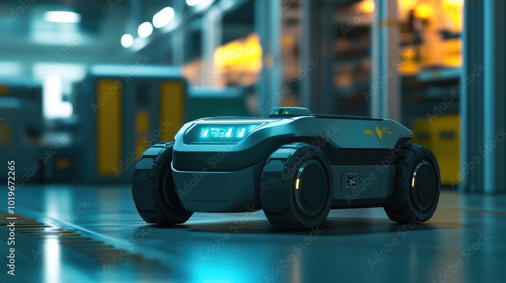 Poster a robotic transport system in action within a smart factory, highlighting the speed and precision en