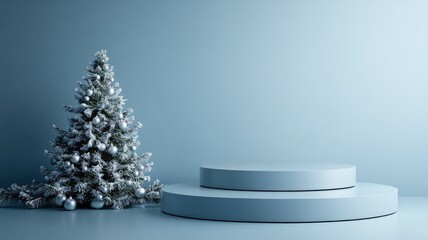 Snowy Christmas Tree with Two Circular Platforms in a Blue Room