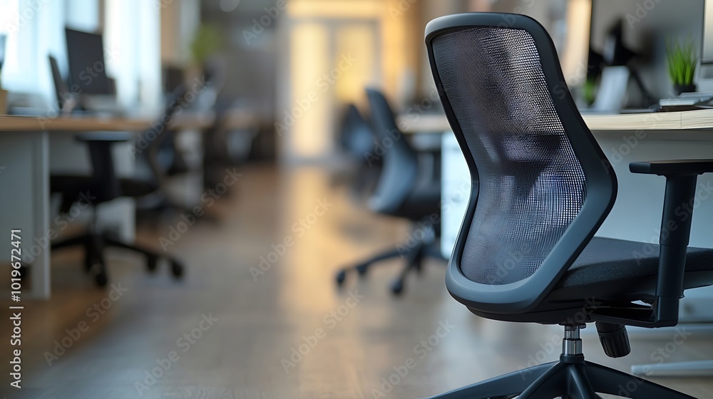 Poster modern office interior with sleek chairs and minimalist desks creates a bright and uncluttered works