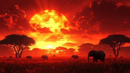 Fototapeta premium A herd of elephants silhouetted against a fiery sunset in the African savanna. (1)