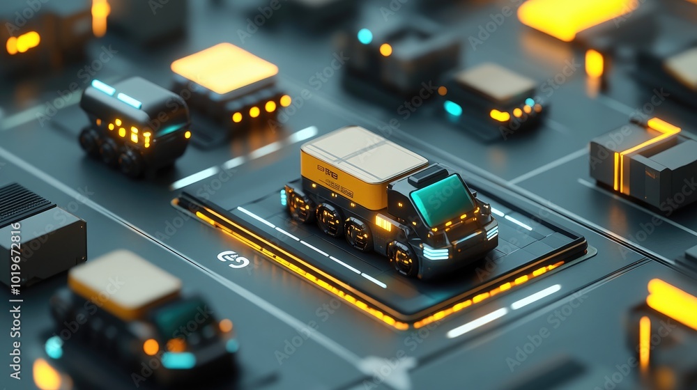Poster a smart factory scene showcasing autonomous robotic transportation systems, efficiently moving mater