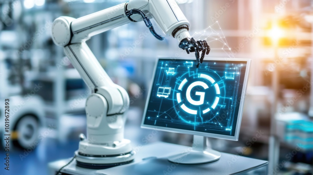 Poster a robotic arm and autonomous vehicles working side by side in a smart factory, illustrating the syne