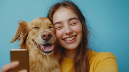 Close up young owner woman with her best friend retriever dog wear casual clothes do selfie shot on mobile cell phone wink isolated on plain pastel light blue background Take care abou : Generative AI