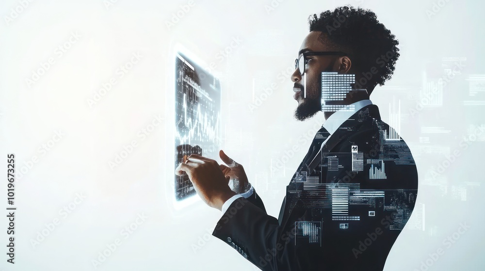 Poster a businessman interacts with digital data in a futuristic environment.