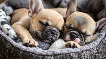Two sleeping French Bulldog puppies snuggled together in a cozy pet bed.