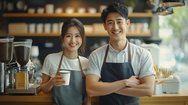 Small business couple husband and wife startup lifestyle concept Asian man and woman wearing apron standing in front of counter holding coffee cup and open sign coffee shop owner partn : Generative AI
