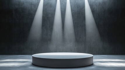 Circular Platform Illuminated by Three Spotlights in a Dark Setting