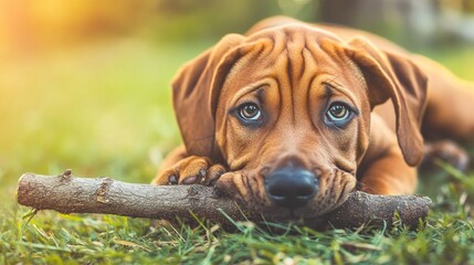 A close-up of a sad puppy resting on grass, holding a stick with expressive eyes.