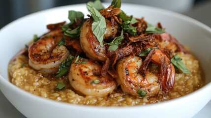 Shrimp Over Grits with Fresh Herbs and Crispy Onions