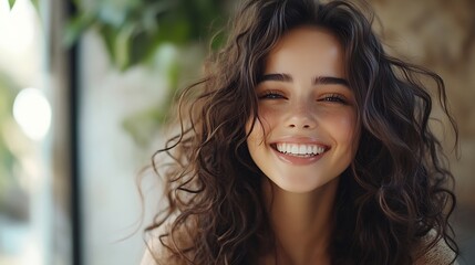 Fototapeta premium Beautiful laughing brunette model girl with long curly hair Smiling woman hairstyle wavy curls Fashion beauty and makeup portrait : Generative AI