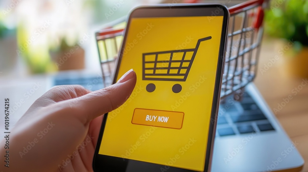 Poster a smartphone screen showing a checkout page on an online shopping app, with a user's finger hovering