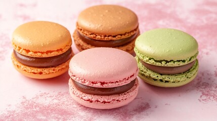Colorful french desserts Cake macaroons or macaroon on pink background colorful almond cookies pastel colors macaroon for sweet break mock up Flat lay top view : Generative AI